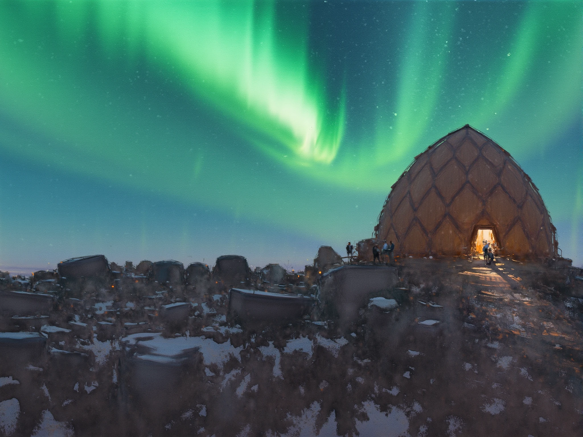 A small, dome-shaped pavilion is positioned on the right side of the image, situated on a rugged, rocky mountain slope. The pavilion's exterior is constructed from wooden panels arranged in a modern geometric, hexagon pattern. These panels vary slightly in texture and color, giving the structure an earthy, natural appearance. The pavilion is perched on the middle-right of the image, with the rocky terrain extending diagonally from the lower left to the upper right corner. The rocks are dark, with rough, jagged edges, and are partially covered in patches of white snow, especially in the foreground. Above the pavilion, taking up most of the upper half of the image, the sky is alive with the vivid colors of the Northern Lights. Brilliant waves of green light sweep across the sky, starting from the upper left corner and extending towards the center, blending with the light early night sky, which is sprinkled with countless small, bright stars. The aurora's light creates a dynamic contrast with cold colors of the rocky landscape below. The pavilion itself emits a soft, warm light from its entrance, which faces slightly to the left. This warm glow contrasts sharply with the cold, natural light from the Northern Lights, creating a sense of warmth and refuge in the otherwise harsh environment. The light spills out onto the rocks immediately in front of the pavilion, illuminating them slightly and casting subtle shadows. The overall scene conveys a sense of isolation and serenity, with the pavilion serving as a solitary beacon in the vast, cold wilderness