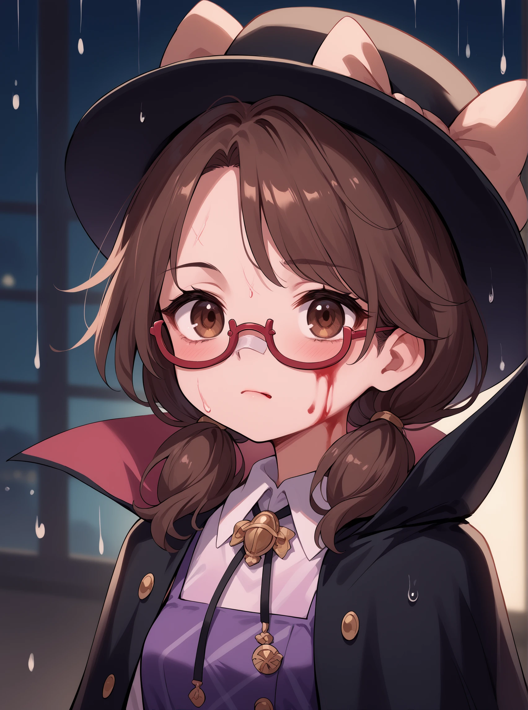 zPDXL2, score_9, score_8_up, score_7_up,
1girl, solo, <lora:UsamiPony:0.8>, UsamiToho, child, brown hair, brown eyes, glasses, bangs, low twintails, small breasts,
portrait, bandaid on nose, blurry background, pink lighting, night, dark, pink theme, blood on face, rain  <lora:YouLookLonelyXL_byKonan:0.8>
white shirt, purple vest, long sleeves, gold brooch, bolo tie, hat, bow hat, black cape