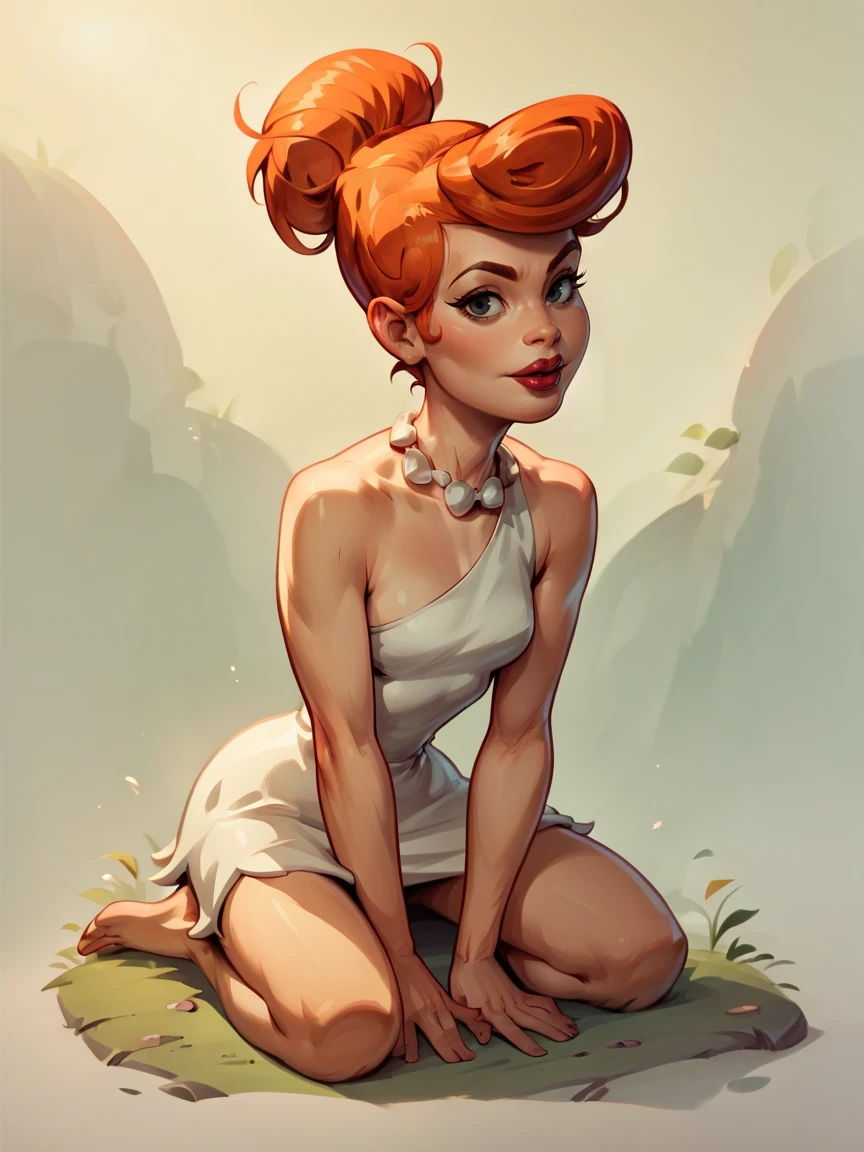 score_9, score_8_up, score_7_up, score_6_up, score_5_up,   <lora:wilmaflintstoneXLP:0.8> 1girl, wilma flintstone, orange hair, solo, necklace, dress, lipstick, barefoot, hair bun