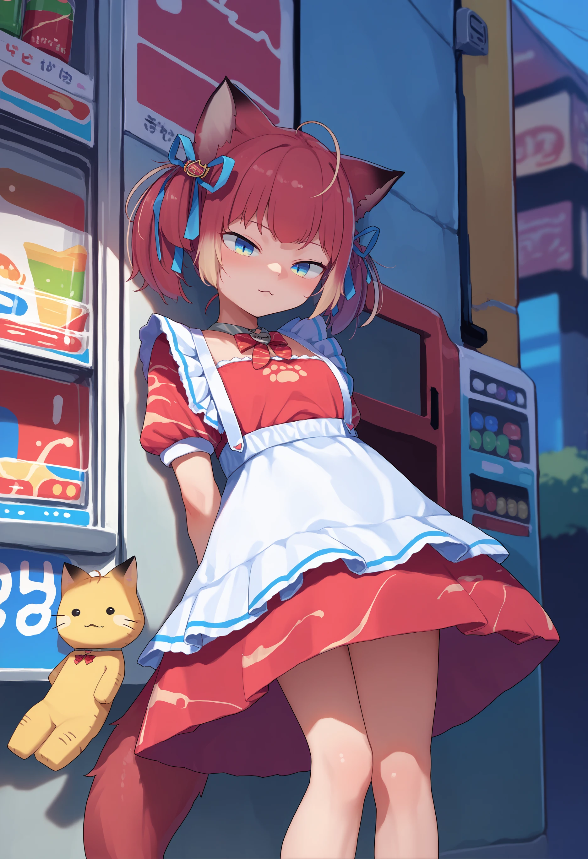 score_9, score_7_up, source_anime, uncensored, 1girl,
 <lora:spakamiKarubiXLPony:1> karubidef, blue eyes, ahoge, cat ears, animal ear fluff, tail, hair ribbon, dress, red dress, red bow, white apron, puffy short sleeves, street, leaning back, vending machine, street