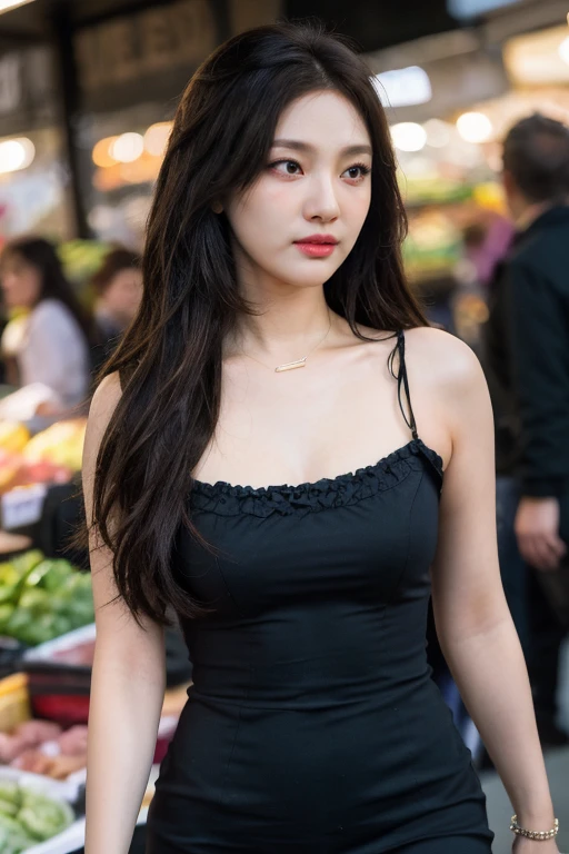 masterpiece, best quality, ultra-detailed, ultra high res, (photorealistic:1.4), raw photo, (realistic:0.2), 8k HDR, realistic lighting, looking at viewer, 1girl, solo, asymmetrical hair, outdoor, sky, (traditional market:1.2), bokeh, (detailed lips), (day), (detailed pores), (detailed skin textures), (detailed face:1.2), (body:1.2), a woman portrait in a black sundress, cowboy shot, thigh gap,