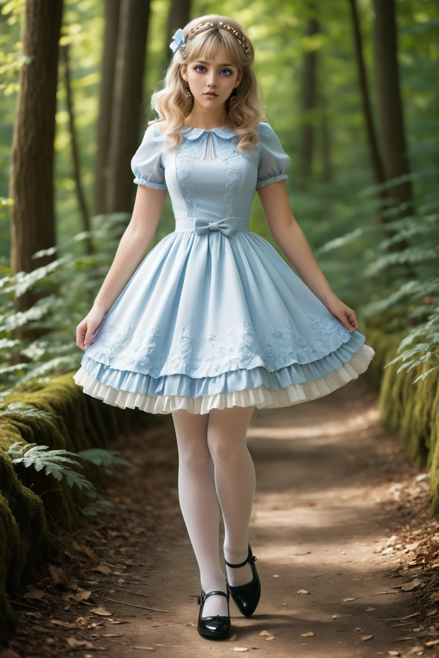 highly realistic (full body photograph) of cute blonde girl, intricate detailing on bodice, (walking with hands held at waist)
wearing a pale blue sweetegl dress
wearing white opaque tights
wearing (black mary jane heels)
(walking) on forest path
outdoor natural lighting, dappled
<lora:sweetlolitaXLv6(150):0.8>