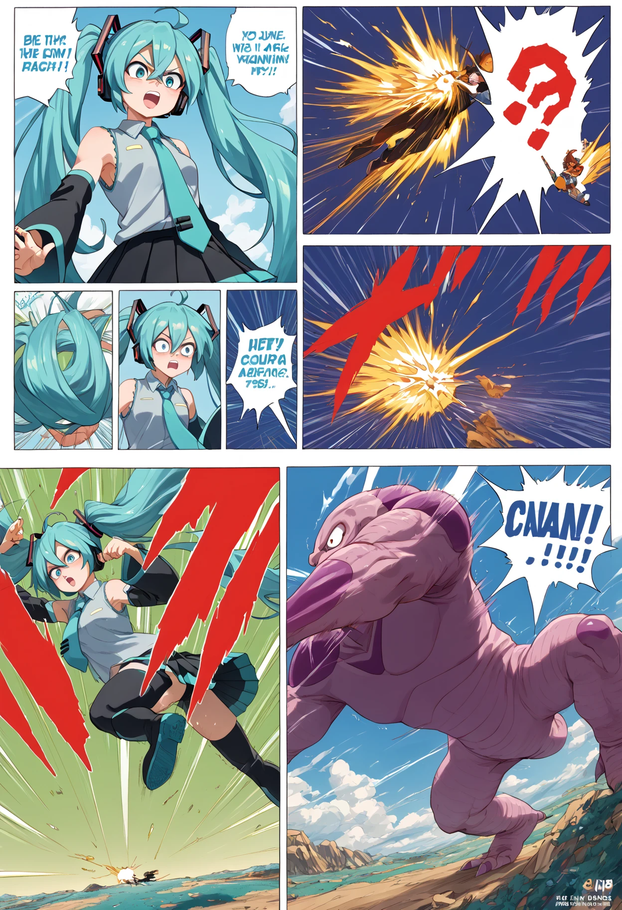 score_9, score_8_up, score_7_up, score_6_up, score_5_up, score_4_up, anime source,
<lora:DBBattle_Pony_V2:1>DBBattle, (duel:1.25), (comic:1.25), battle, emphasis lines, speed lines, motion lines, !?, !!, style parody,
Frame, Text, English Text, speech bubble, trembling, focus line, vibrating line, comic expression, Sound effect,
1 girl, girl forcas, 2+ boys, Monster Boy, Creature Boy, Mutant Boy,
fighting stance, aura, flying,
injury, torn clothes,
cloud, cloudy sky, day,
((energy ball )),
mikuhatsune, <lora:miku-hatsune-ponyxl-lora-nochekaiser:0.5>,
miku hatsune, ahoge, aqua eyes, aqua hair, crossed bangs, hair between eyes, hair ornament, headphones, long hair, twintails, mature female,
aqua necktie, black footwear, black skirt, black sleeves, boots, collared shirt, detached sleeves, grey shirt, necktie, pleated skirt, shirt, skirt, sleeveless, sleeveless shirt, thigh boots, tie clip,