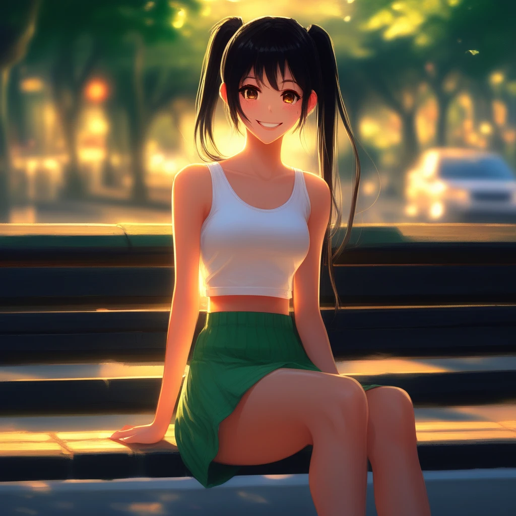 Anime girlfriend, Black hair, pony tail, cute, slender, nice curves, happy face, beautiful face, white crop top, medium skirt, long legs, sit legs crossed, warm smile, black eyes with green reflection, highly detailed, parc bench, blurred background, masterpiece, golden hour, nice light, 4:3 format, nice pose