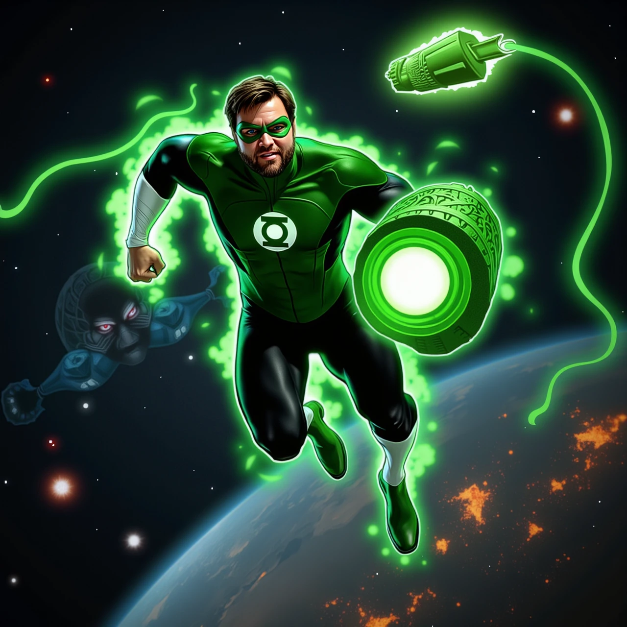 A photo of JD Vance

Subject: JD Vance as Green Lantern

Scene: JD Vance is soaring through space, charging forward in a heroic action pose. He’s depicted as a powerful and confident Green Lantern, exuding authority and determination. The stars and nebulae of deep space serve as a dramatic backdrop, with a massive, distant planet partially visible in the lower background, adding a sense of scale and grandeur.

Appearance:

JD Vance as Green Lantern: JD Vance is clad in the classic Green Lantern uniform, a form-fitting green and black suit with the Green Lantern emblem glowing brightly on his chest. His signature short, well-groomed beard is visible beneath the iconic Green Lantern mask, giving him a strong, determined look. His eyes, illuminated with green energy, convey unwavering focus.

Green Energy Constructs: Surrounding JD Vance are intricate, powerful green energy constructs. In one hand, he’s holding a gigantic, glowing green energy hammer, with intricate designs etched into it, resembling ancient symbols of power. In the other hand, a massive green shield, emblazoned with the Ohio state seal, deflects incoming cosmic projectiles. Around him, green energy chains snake through space, pulling a captured alien battleship towards him, showing his control over the constructs.

Action: JD Vance is depicted mid-flight, charging towards a massive cosmic threat—a colossal, dark entity looming in the distance. The entity is partially obscured by shadows, with only its menacing red eyes and faint, jagged outline visible. JD Vance’s green energy hammer is raised high, ready to strike, while his shield is positioned defensively. The green chains holding the alien battleship emphasize his dominance over the battlefield.

Background: The scene is set in the depths of space, with swirling galaxies, vibrant nebulae, and clusters of stars filling the background. The distant planet adds a sense of depth and scale to the scene, highlighting the vastness of the universe JD Vance is protecting. A faint green glow from the energy constructs casts an eerie, yet powerful light over the entire scene.

Lighting and Effects: The green energy constructs glow brightly, illuminating JD Vance and casting dramatic shadows across his face and body. The light from the distant stars and the eerie glow from the looming cosmic threat contrast with the vibrant green of the energy constructs, creating a dynamic, high-contrast visual. The green energy chains and hammer appear almost ethereal, with small particles of green light radiating from them, adding to the otherworldly feel.

Mood/Atmosphere: The image exudes power, heroism, and cosmic responsibility. JD Vance is portrayed as a guardian of the universe, fully in control of his powers, ready to face and defeat any threat that comes his way. The overall tone is epic and intense, akin to a climactic moment in a comic book storyline, where the hero confronts an overwhelming force with unwavering resolve.