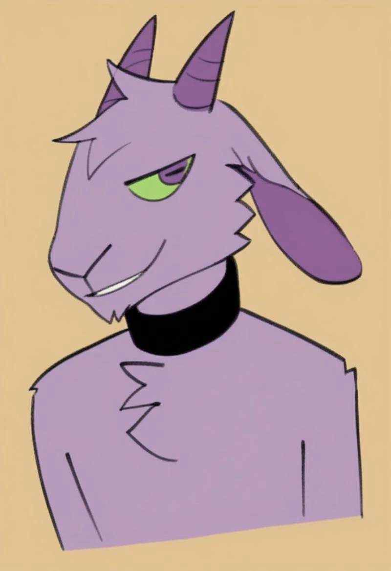 score_9, score_8_up, score_7_up, BREAK, yagi, anthro, cartoon, horns, long ears, purple eyes, green sclera, purple body, BREAK, purple horns, purple fur, solo, black choker, bust,