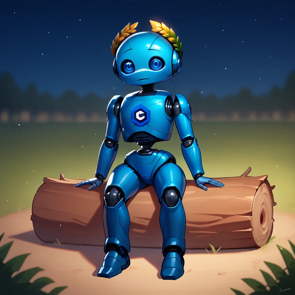 score_9_up, score_8_up, BREAK, Civitaibot, no humans,  solo, blue robot, blue eyes,  joints, android, laurel crown, depth of field,  <lora:CivitAiBot_PXL_Leaf1:0.8>, outdoors, sitting on log, light particles, moonlight,, night,