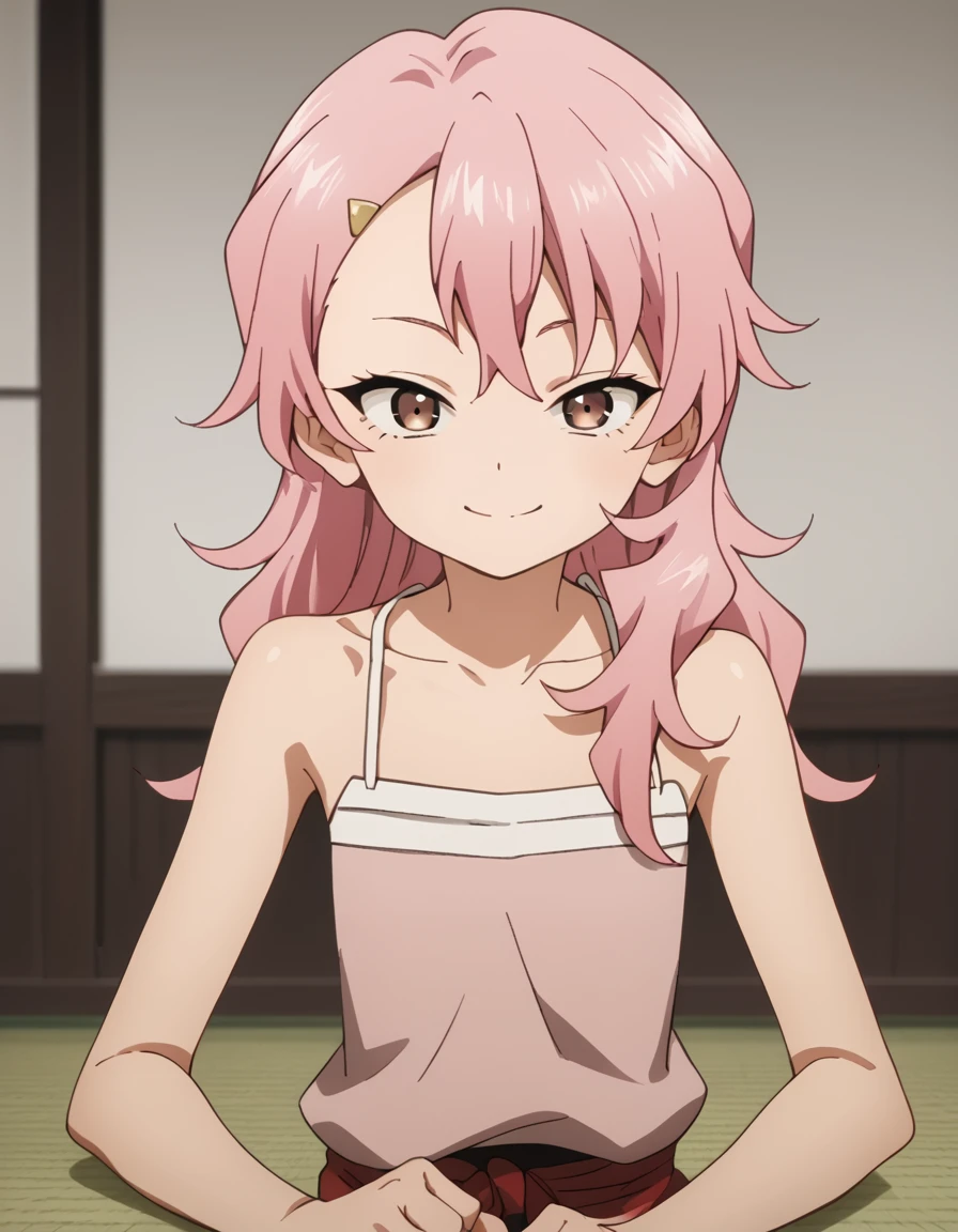 Benisumomo, long hair, bangs, hair ornament, bare shoulders, brown eyes, collarbone, pink hair, sleeveless, hairclip, flat chest, sarashi score_9, score_8_up, score_7_up, score_6_up, score_5_up, score_4_up, source_anime ,<lora:HeartofKunoichiTsubaki:1>, Smile, sitting,