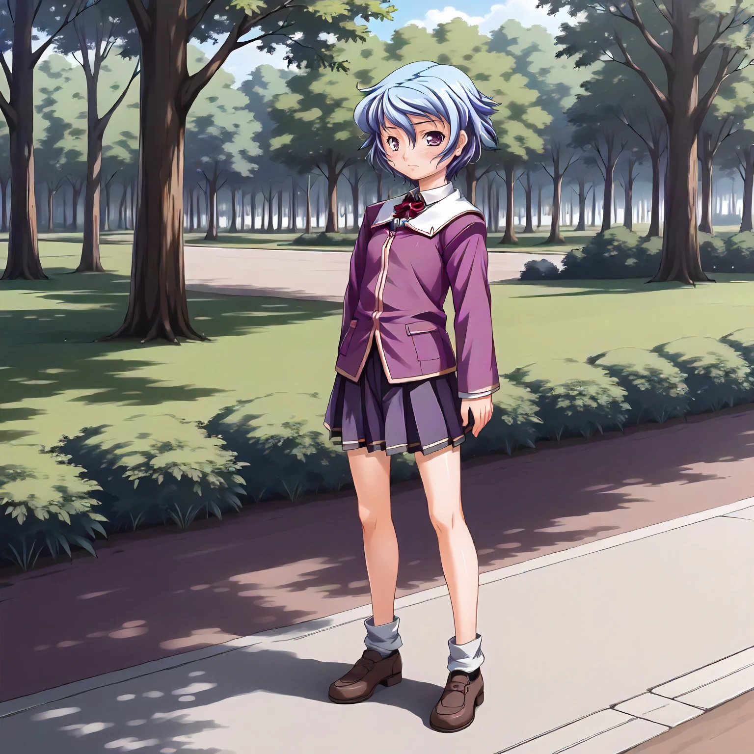 <lora:SDG_AkaneSakurazawaXLpony002>,
outdoors,nature,
solo,
AkaneSakurazawa,1girl,blue hair,short hair,purple eyes,
school_uniform,neck ribbon,purple jacket,
pleated_skirt,
shoes,
standing,