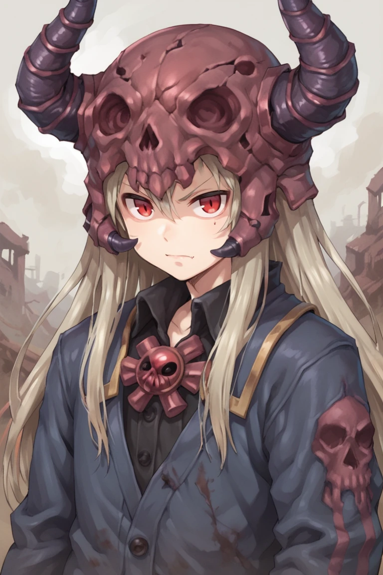 (score_9, score_8_up, score_7_up, score_6_up), source anime, BREAK, <lora:Necromancer:0.8> , necdef, 1boy, red eyes, long hair,  grey hair, horned helmet, (skull brooch), robe, looking at viewer, solo, serious, (portrait), close-up, <lora:zy_Detailed_Backgrounds_v1:0.3> , detailed background, highly detailed, outdoors, wasteland, <lora:01lXLP:0.5> , 01l,