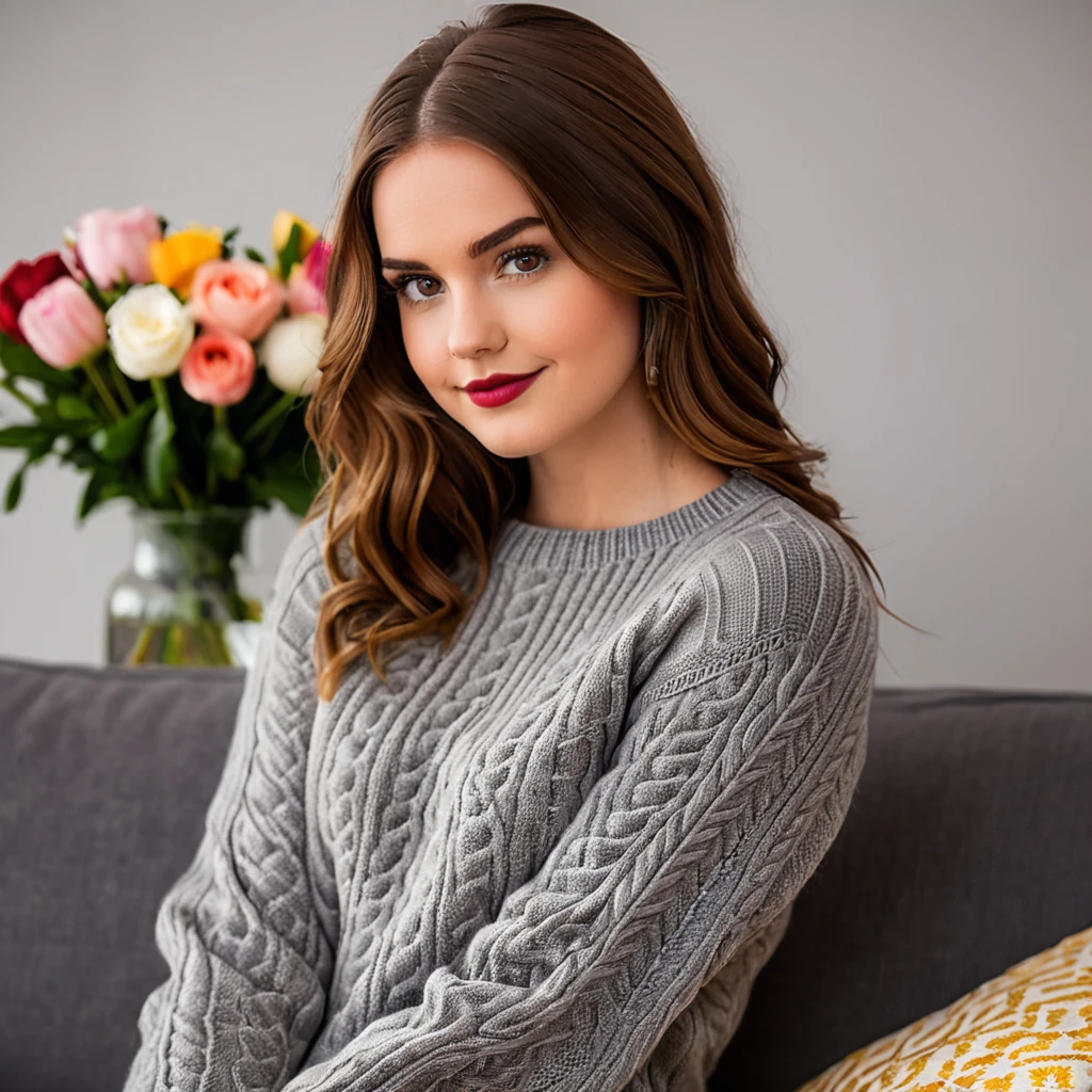 <lora:m414m_67XL-000008:0.8>,a (close up:1.2) photograph of 21 year old beautiful(m414m woman:1.1),sitting on a couch,wearing a gray cable knit sweater dress,facing viewer,with vases of flowers,(upper body),(medium close up shot:1.3),long brown hair,smirk,lipstick,simple background, professional portrait, photo realistic, 4k wallpaper, highly detailed, bokeh