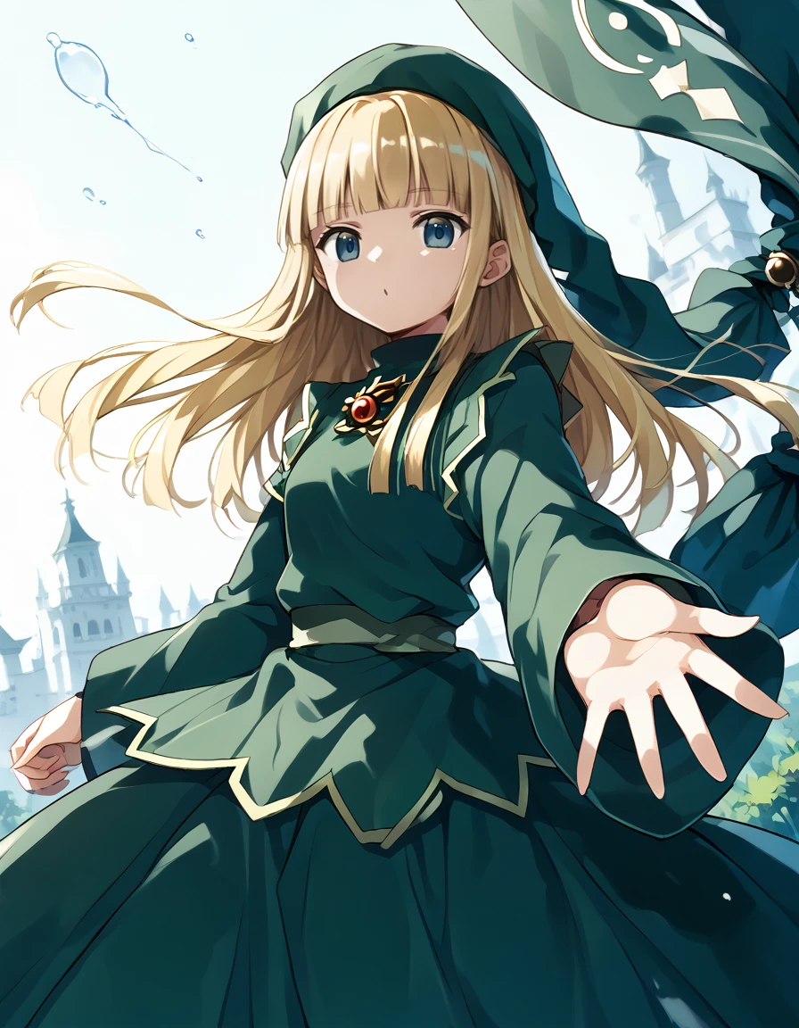 <lora:witchP4_SDXL_pony_fp16_ver10_168:1>,witchP4,1girl,blonde hair, long hair, blue eyes,green dress,green headwear,long sleeves,long skirt, brooch,blunt bangs,light green sash,:>,outstretched_arm, score_9, score_8_up, score_7_up, BREAK source_anime, rating_explicit, best quality, masterpiece, uncensored,<lora:pony_good_hands:1>,good_hands ,[pony diffusion V6 is trained by PurpleSmartAI:100]