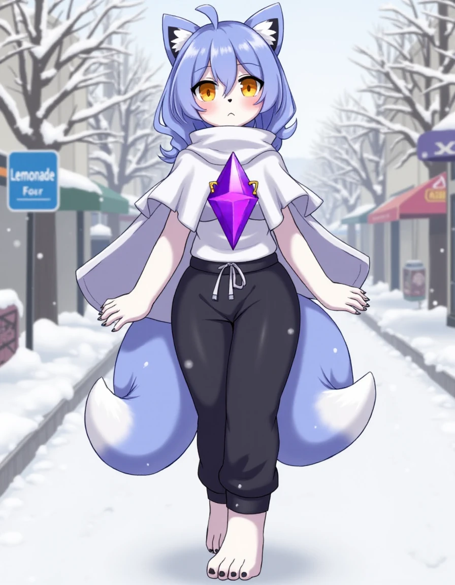 (<lora:Nox_epoch_5:1>,nox_(pal), Periwinkle fur,purple chest crystal,capelet, Orange eyes,black pupils, dipstick tail, white ears, dipstick ears,white paws, small dark blue nose,),
(Anthro:1.2),female,walking,Black sweatpants,snow covered city,Sign for Lemonade,(3 toes:1.2),paws,pawpads,(pencil \(artwork\):1.2),happy,(anime:1.2),