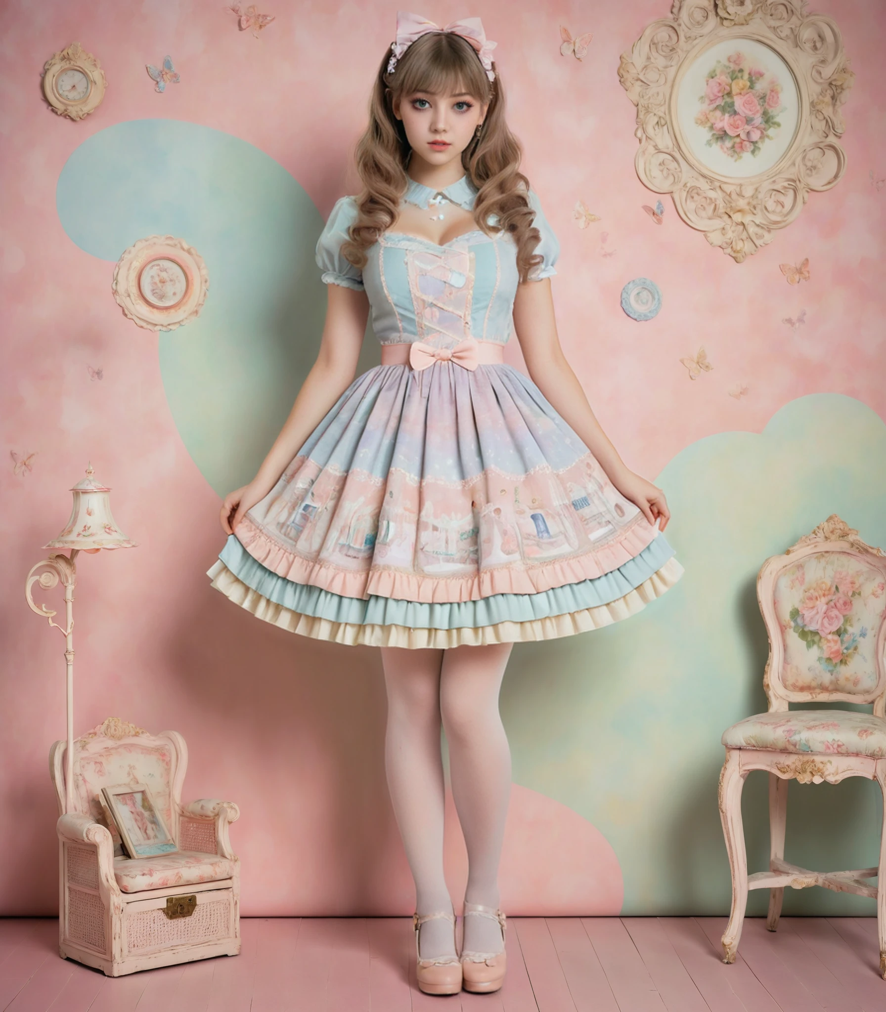 highly detailed (full body photograph) of a 18 year old young woman with large breasts and narrow waist, wearing a sweetegl dress with short skirt, tights, mary jane heels, with intricate details and soft pastel colors, whimsical background   <lora:sweetlolitaXLv6(150):0.8>