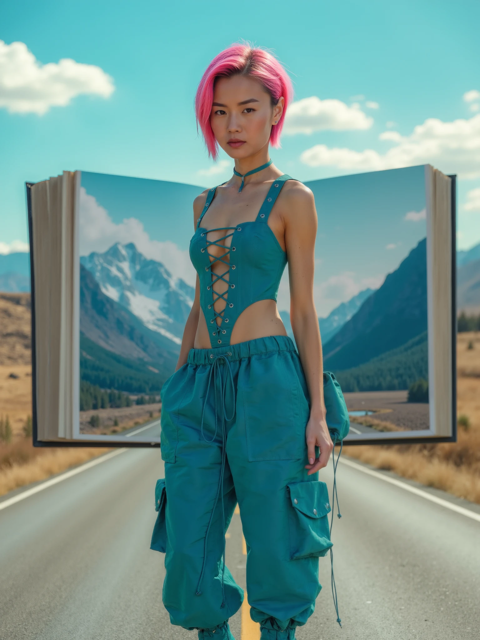 LaQuan,a captivating fashion editorial image featuring an Asian model with vibrant pink hair, styled in a modern, edgy cut. The model is dressed in a teal LaQuan outfit featuring a lace-up corset top with rivet detailing along the edges, paired with matching cargo pants that have a relaxed fit and multiple pockets. The pants are cinched at the waist with a drawstring and taper at the ankles, blending a utilitarian aesthetic with contemporary fashion.

The background showcases an open, oversized book standing upright in the middle of a road that stretches into the distance. Within the pages of the book, a breathtaking landscape unfolds, featuring towering snow-capped mountains and a clear, blue sky, seamlessly blending the real world with the realm of imagination. The model's striking pink hair contrasts vividly with the teal outfit and the natural tones of the background, adding a dynamic pop of color to the scene. The overall image should evoke a sense of adventure and wonder, blending fashion with a dreamlike, literary-inspired setting.