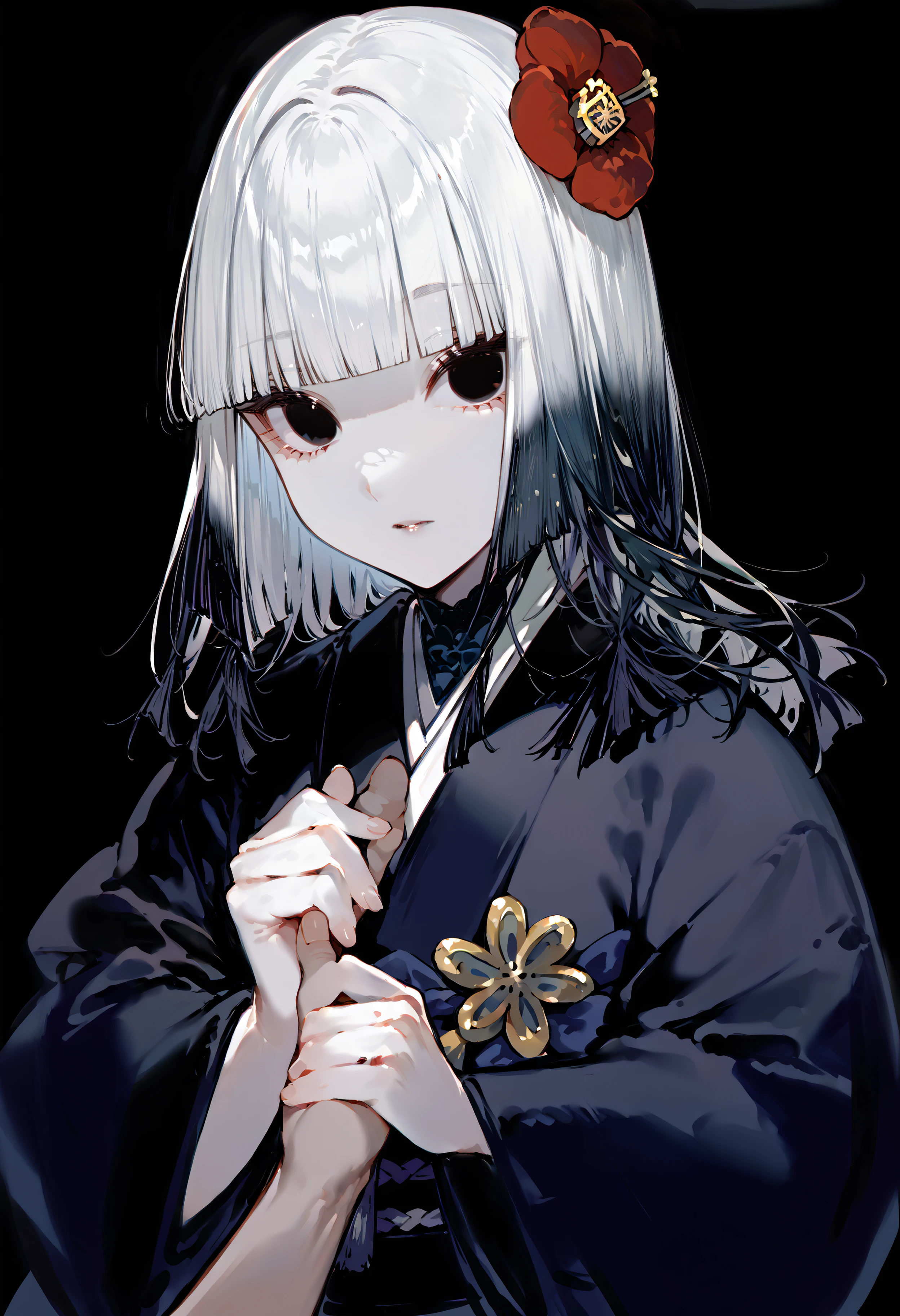 score_9, score_8_up, score_7_up, best quality, source_anime BREAK, 1girl, japanese clothes, blunt bangs, black kimono, hair flower, looking at viewer, gradient hair, black eyes, hair ornament, black hair, multicolored hair, solo focus, pale skin, white hair, medium hair, black background, disembodied limb, red flower, simple background, parted lips, grey hair, <lora:jNwFwFCQmXr3Wt1:1>