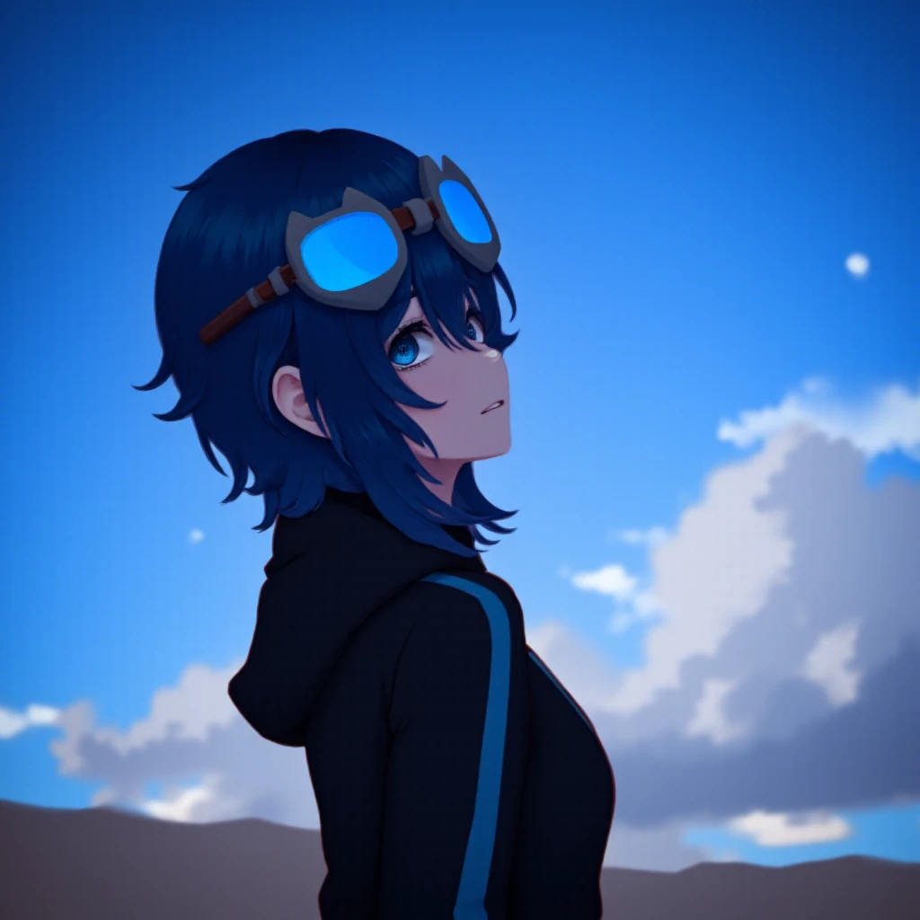 <lora:kanovtFLUX:0.1>, kanovt, style anime goggles, black jacket, 1boy ,multicolored hair ,  <lora:kanovt-000009:0.1> ,<lora:kanovt:0.1>,   <lora:kanoXL:0.2> , <lora:kanotatsuko:0.6>,rating:safe, silhouette, solo, blurry, simple_background, blue_theme, monochrome, depth_of_field, male_focus, 1girl, blue_background, shadow, black_hair, sky, 1boy, from_side, long_hair, blue_sky, looking_at_viewer, long_sleeves, blue_eyes, standing, no_lineart, profile