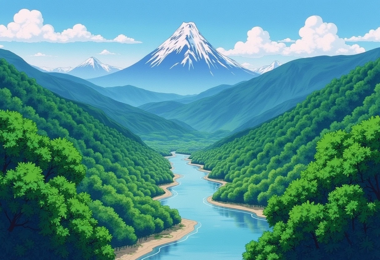 <lora:slrmn_flux_EliPot:1>  anime forest with mountains and rivers