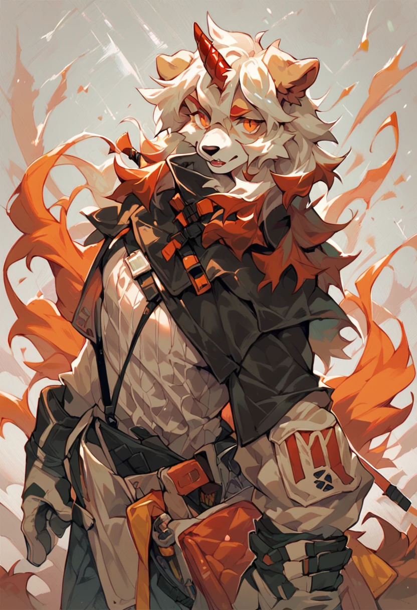 score_9, score_8_up, score_7_up, score_6_up, furry, anthro, solo, adult, realistic, hung, perro, arknights, two-tone fur, medium hair, white hair, single horn, orange eyes, cowboy shot, detailed background, <lora:Hung:1>