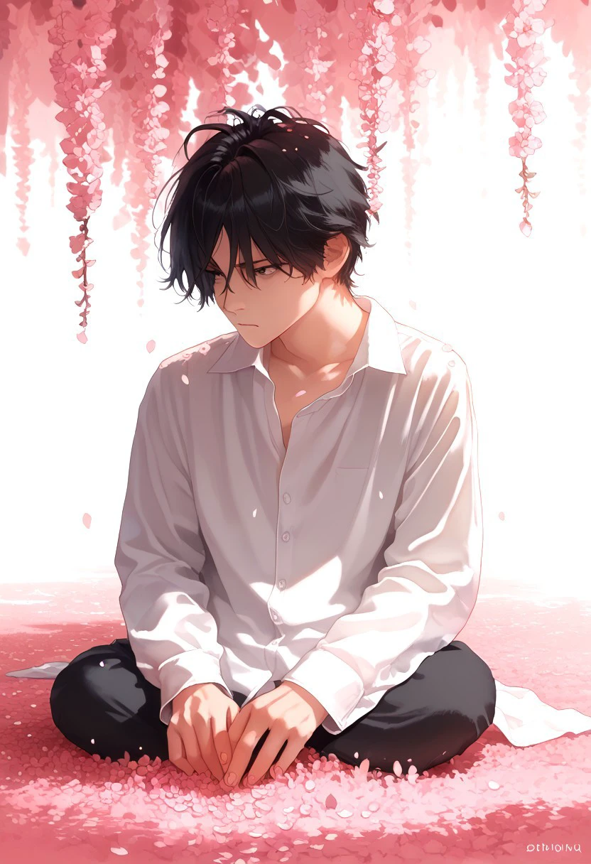 score_9, score_8_up, score_7_up, male, black hair, white shirt, flower petals, bones, sitting, aesthetic, melancholy, style re, simple background