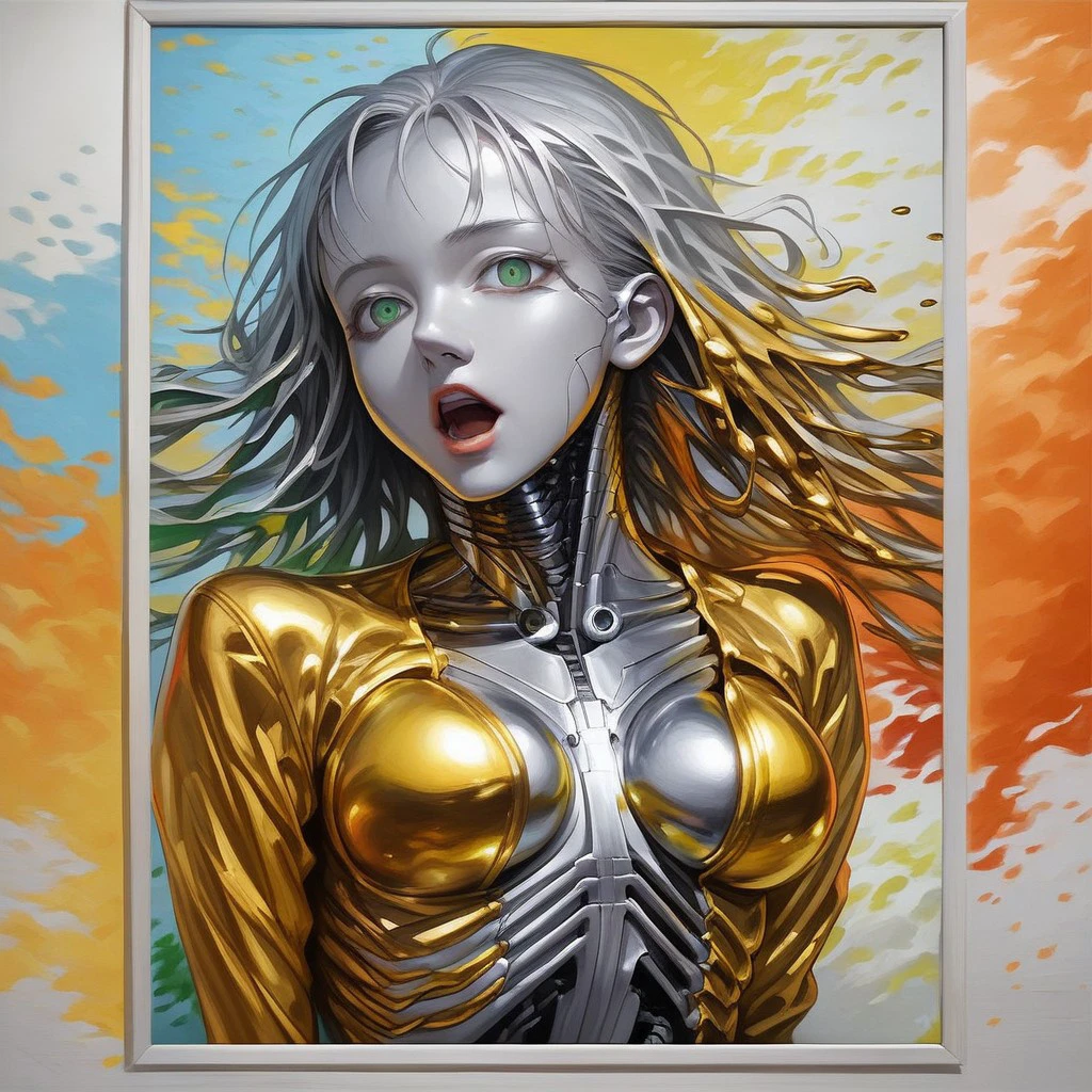 1 girl, adult, anime, face, open mouth, teeth, beautiful, leaning, abstract portrait, orange sky, then chrome cloth background, multicolor colorful, painting by Hajime Sorayama, high detail, hands near face, chrome nose, cyborg, pale skin, silver skin, eyes open, green eye, silver eye, photo by jacklesorayama, gold ribs, partial skeleton, sideways, surreal, abstract, melting, partial gynoid, gold skin, latex jacket, breasts apart, side bra, digital art by jacklesorayama,