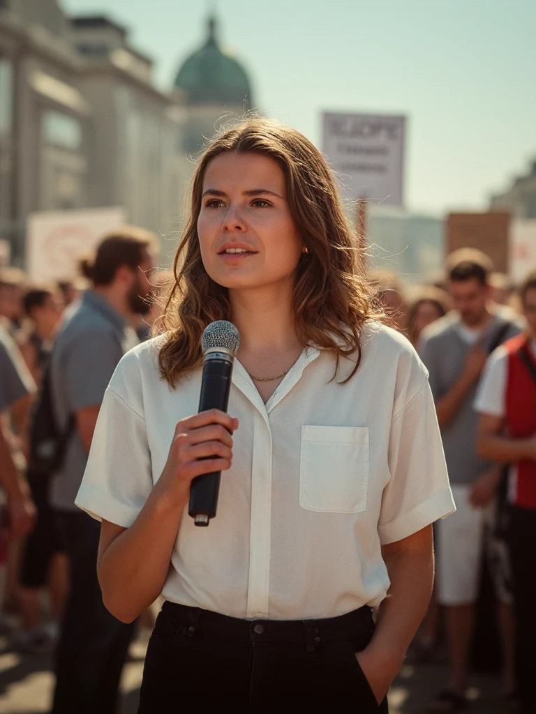 luineu Luisa Neubauer woman, modern day Berlin, speaking in front of a crowd in a protest. Her determined face looks slightly off the camera into the crowd. She is holding a microphone in her hand. People around her hold signs of protest. The sun is shining and the image is lighted naturally. She is wearing a white blouse and a modern stylish black leggins