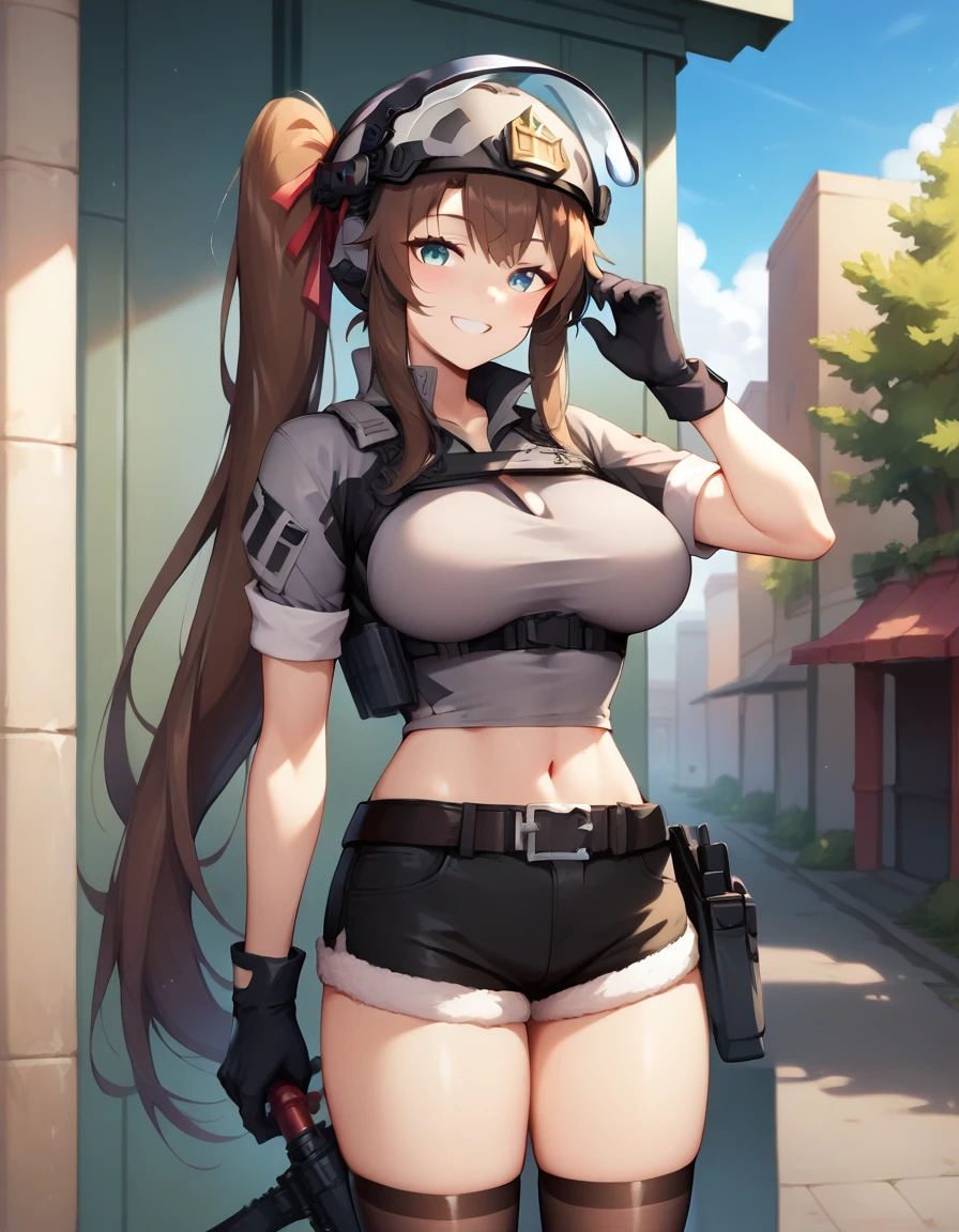 score_9,score_8_up,score_7_up,score_6_up BREAK official art,solo,outdoors,cowboy shot,looking at viewer,facing viewer,smile,female commander (girls' frontline),termichan (not-a-bot),smile,helmet,brown hair,very long hair,side ponytail,bangs,hair ribbon,blue eyes,grey shirt,large breasts,chest rig,black gloves,stomach,belt,short shorts,black shorts,fur-trimmed shorts,black thighhighs,black footwear,boots,<lora:Female Command(gf)-Pony:1.5>,<lora:Smooth Anime Style LoRA XL:0.8>,