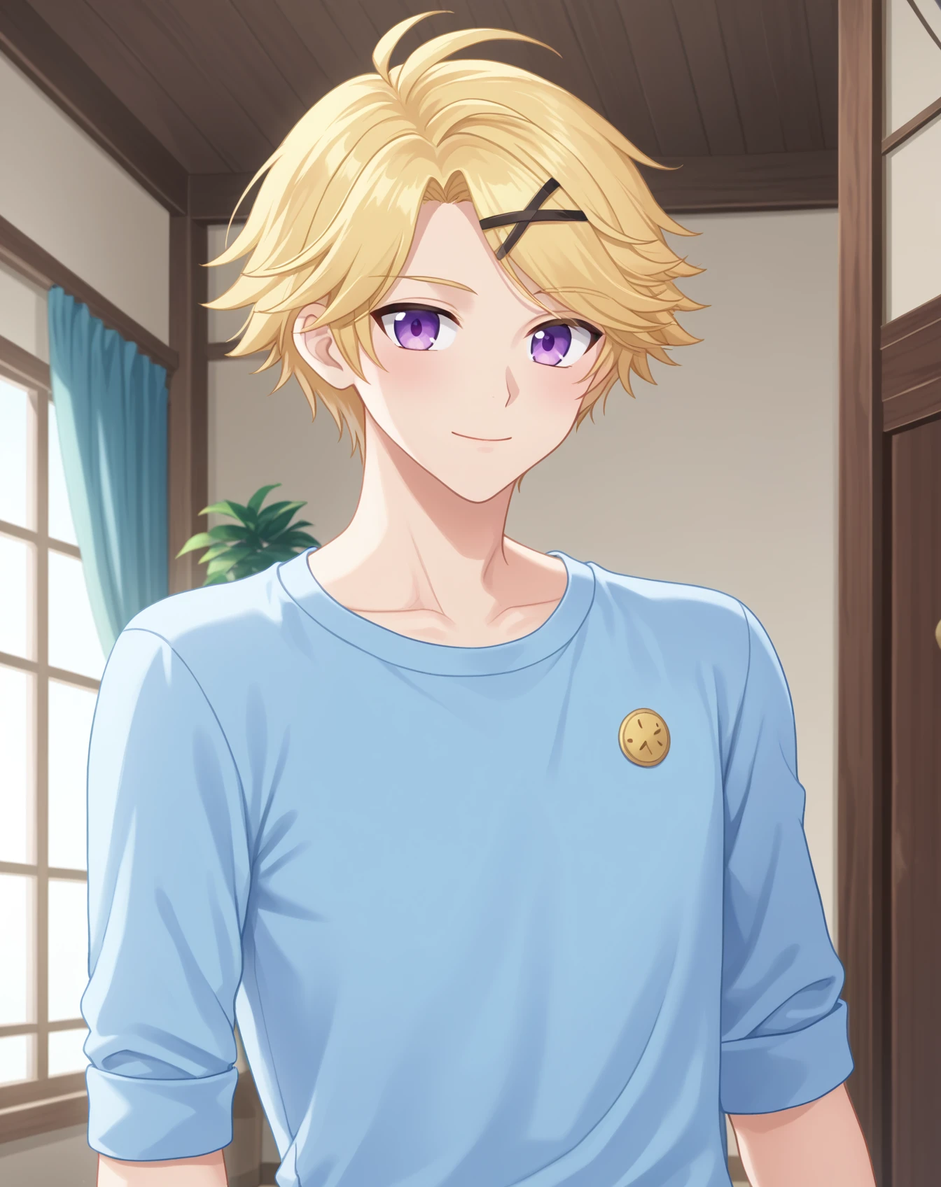 score_9, score_8_up, score_7_up, source_anime, anime screencap, depth of field, rating_safe, BREAK,
1boy, solo, yaoi, male focus,
looking at viewer, cowboy shot, facing viewer,
<lora:yoosung_kim_pony:1> yoosung_kim_pony, blonde hair, purple eyes, short hair,
indoors,