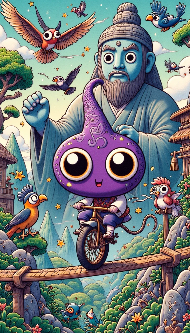 An anime picture of Purple Tentacle is riding a unicycle on a tightrope suspended high above a lush, vibrant jungle, surrounded by a flock of exotic birds flying in formation, as a giant, ancient stone statue of a long-forgotten king looms in the background.