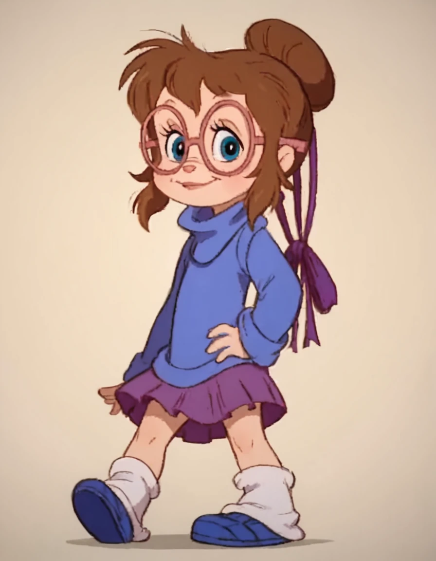 <lora:JeanetteMillerPony (1):1> jeanette, turtleneck sweater, brown hair,, hair bun, glasses, solo, skirt, blue eyes, hair ribbon, loose socks, smile, shoes, looking at viewer,cowboy shot,  hand on own hip, standing,simple background,, score_9, score_8_up, score_7_up, score_6_up, score_5_up, score_4_up