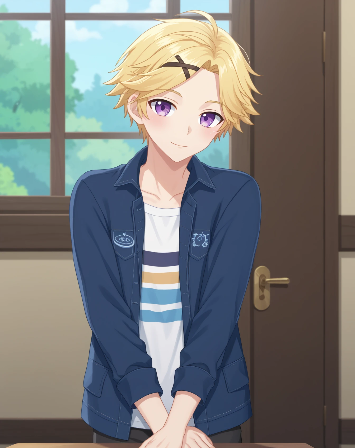 score_9, score_8_up, score_7_up, source_anime, anime screencap, depth of field, rating_safe, BREAK,
1boy, solo, yaoi, male focus,
looking at viewer, cowboy shot, facing viewer,
<lora:yoosung_kim_pony:1> yoosung_kim_pony, blonde hair, purple eyes, short hair,
indoors,