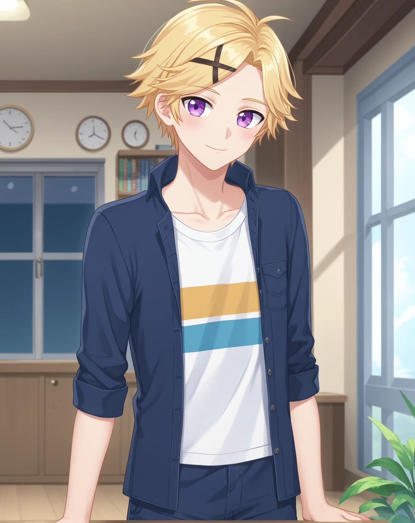 score_9, score_8_up, score_7_up, source_anime, anime screencap, depth of field, rating_safe, BREAK,
1boy, solo, yaoi, male focus,
looking at viewer, cowboy shot, facing viewer,
<lora:yoosung_kim_pony:1> yoosung_kim_pony, blonde hair, purple eyes, short hair, glasses, 
indoors,