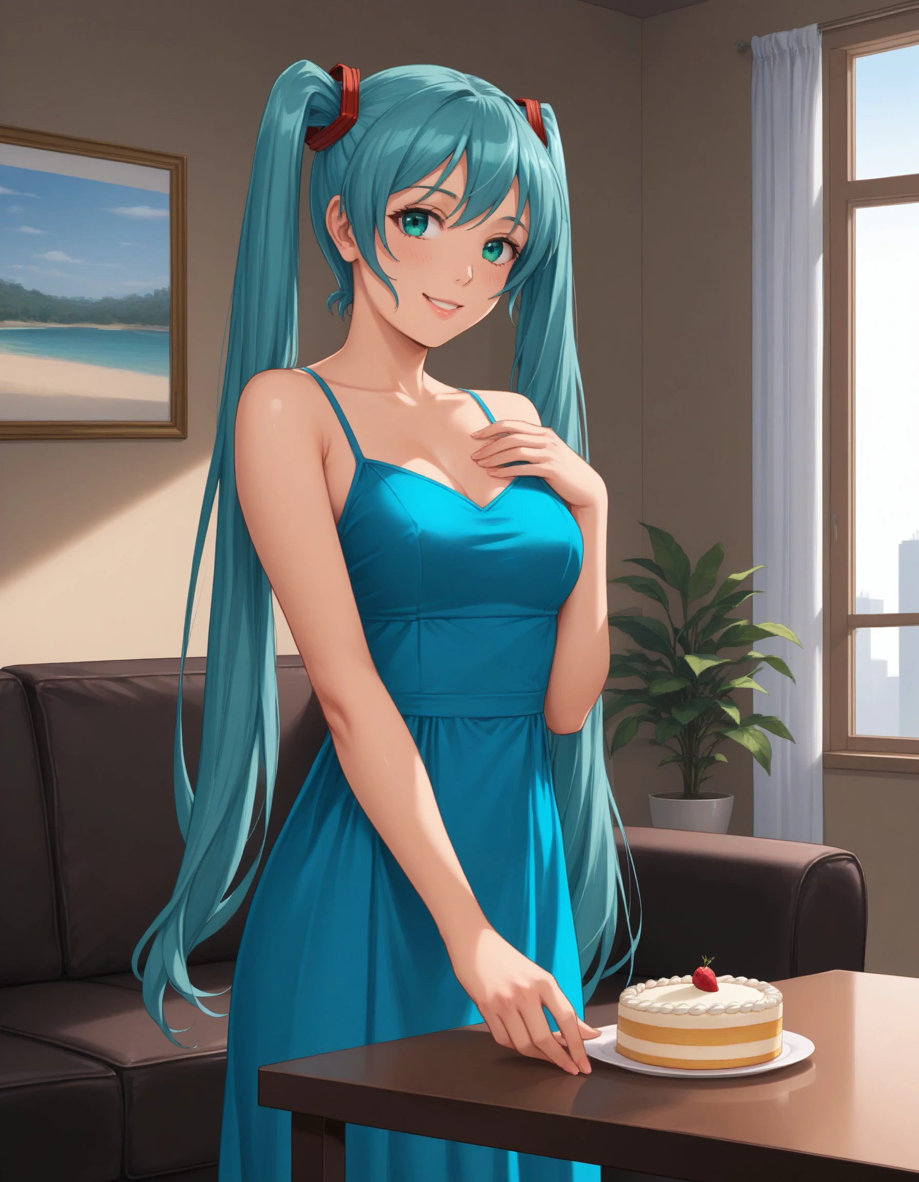 newest, absurdres, safe, (masterpiece), best quality, score_7_up, score_8_up, score_9, source_anime, 
BREAK, 
1girl, solo, miku, twintails, long hair, aqua eyes, aqua hair, hair ornament, smile, smooth body, shiny skin, perfect face, 
BREAK, 
evening dresses, aqua dress, neckline, jewelry, holding a gift, standing, pose, 
BREAK, 
sofa, table, chairs, window cake, TV, indoor plants, visual novel background, cg background, evening, sunset sky, living room, indoor scenery, detailed background, sharp-focus, super detail, 
BREAK, 
vibrant colors, intricate, ornate, stunning, highly detailed, dehazed, atmospheric, highres, (cowboy shot), from front, , <lora:1b1c37cc-dc95-4d47-a7f9-53ae810a6c11:1.2>, <lora:ce16384a-dedd-4f48-82eb-57d358ea927d:0.7>