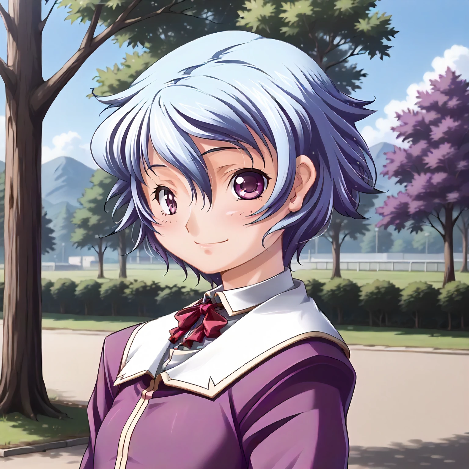 <lora:SDG_AkaneSakurazawaXLpony002>,
outdoors,nature,
smile,
solo,
AkaneSakurazawa,1girl,blue hair,short hair,purple eyes,
school_uniform,neck ribbon,purple jacket,
upper body,