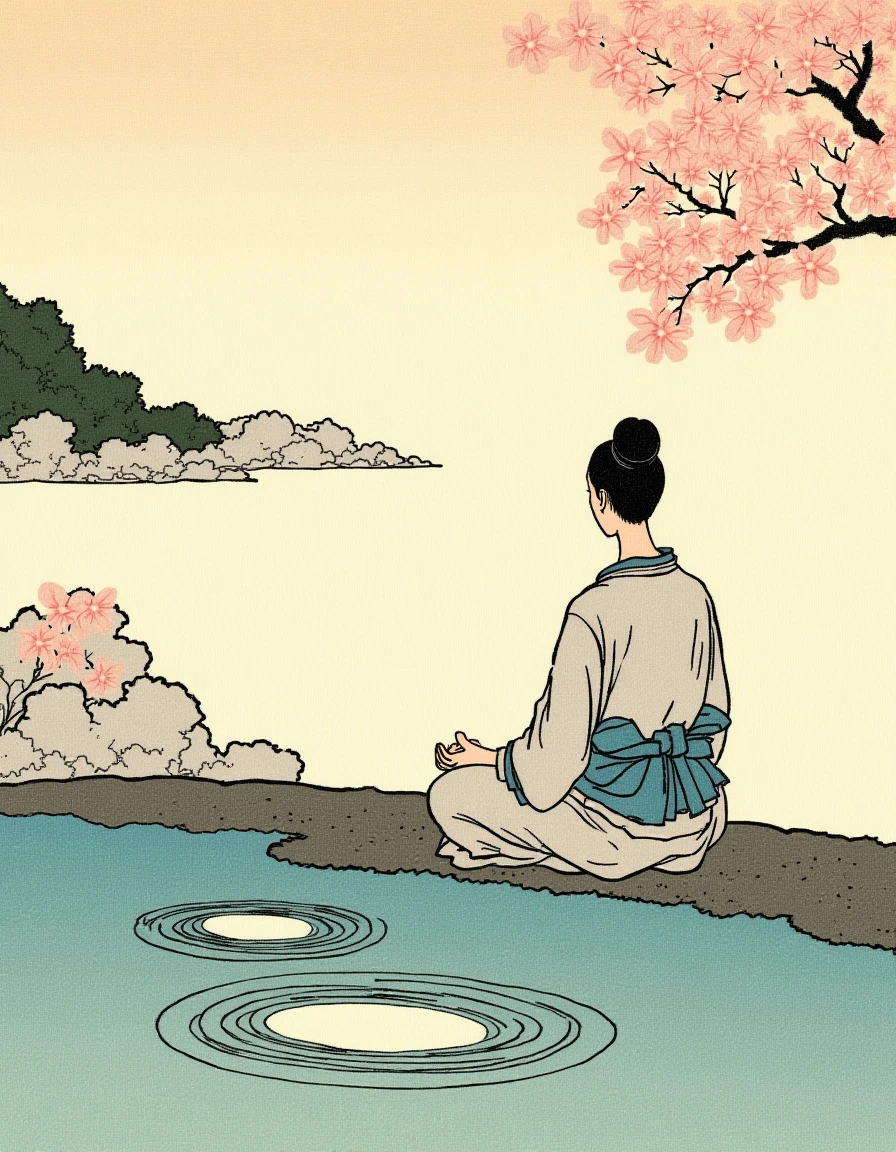 Ukiyo-e style by Hokusai, the emotion of serenity as a gentle figure meditating by a tranquil pond, with soft pastel colors and harmonious surroundings