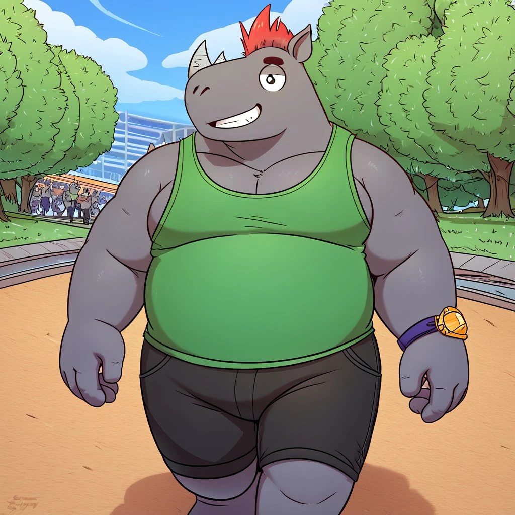 earl, rhino, fat, horns, furry male, tail, black pants, cartoon, solo, male focus, single horn, furry, male mohawk, pointy ears, detail background, 4k, best quality, highly detailed, The character is walking through a park on a sunny day. He is wearing an olive green tank top and grey sports shorts. smile