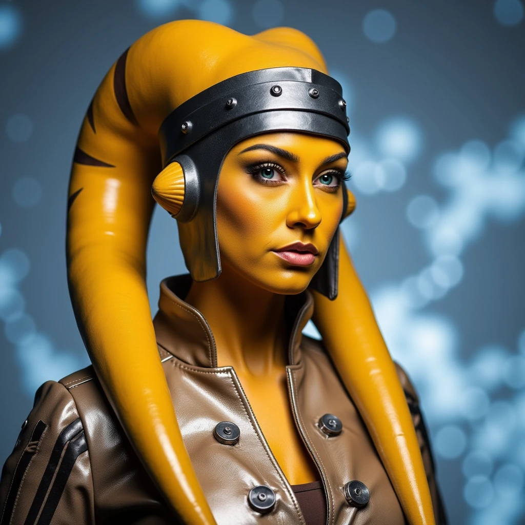 jEDI Twi'lek girl, golden chrome skin, icy blue eyes, 
A PROMOTIONAL PHOTO