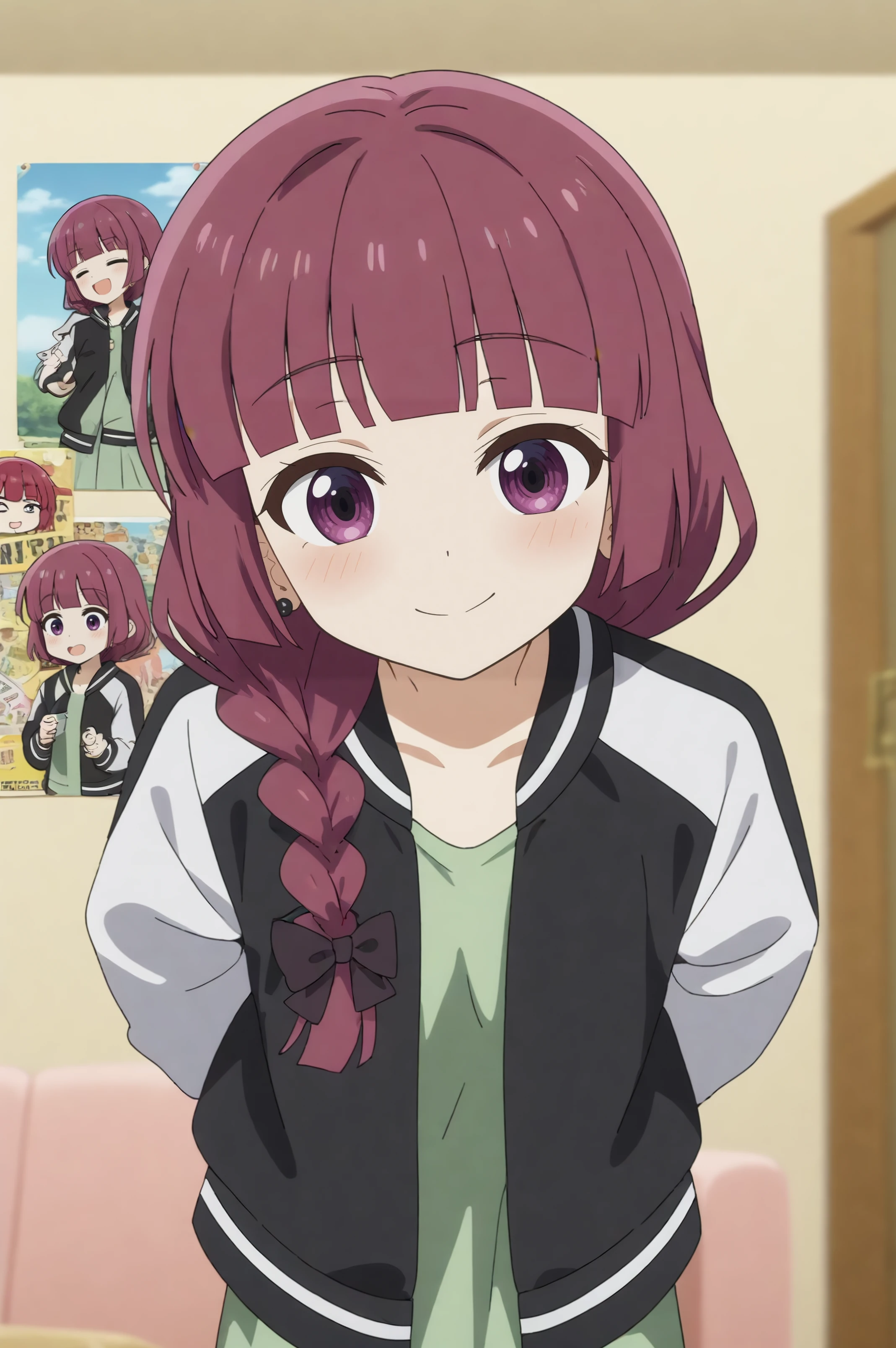 kikuri hiroi,anime screencap,1girl,solo,purple hair,black nails,bangs,braid,hair over shoulder,open jacket,multicolored jacket,indoors,music room,smile, poster,standing,hands behind the back, leaning forward, eyes open  <lora:Kikuri_Hiro.safetensors:0.8>