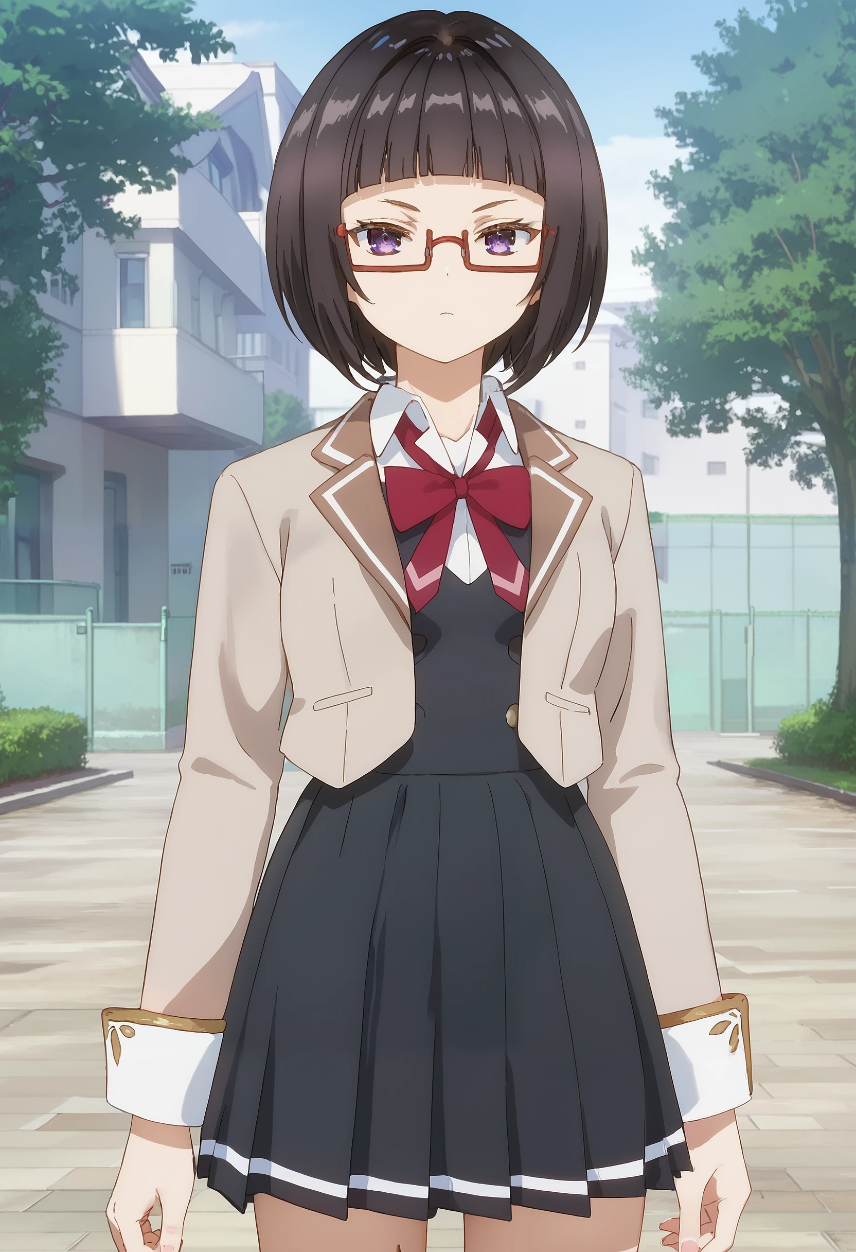 score_9, score_8_up, score_7_up, source_anime, masterpiece, best quality, perfect anatomy, very aesthetic, absurdres,

1girl, solo,
Sayaka_Taniyama, black hair, short hair, bob_cut, bangs, purple eyes, glasses,

school uniform, white blouse, brown jacked, red bowtie, black skirt, white socks, white shoes,
outdoors, school, looking at viewer, cowboy shot,