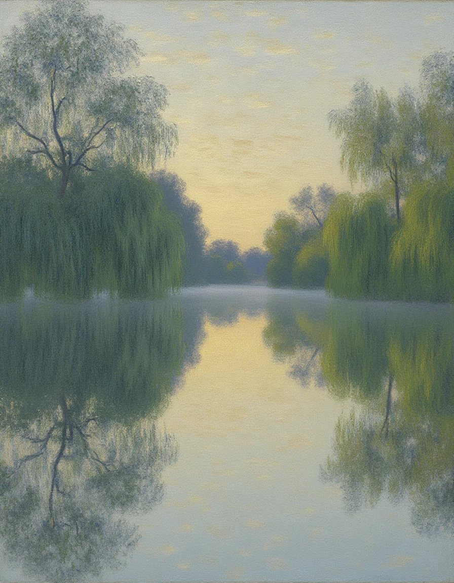 a serene lake with a mirror-like surface at dawn, surrounded by weeping willows, by Claude Monet