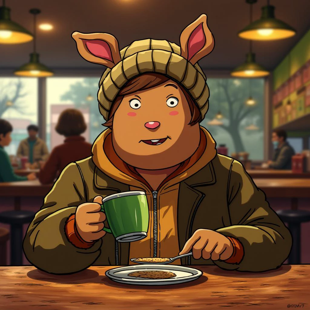 a ArthurShow man holding a coffee cup, in a beanie, sitting at a cafe