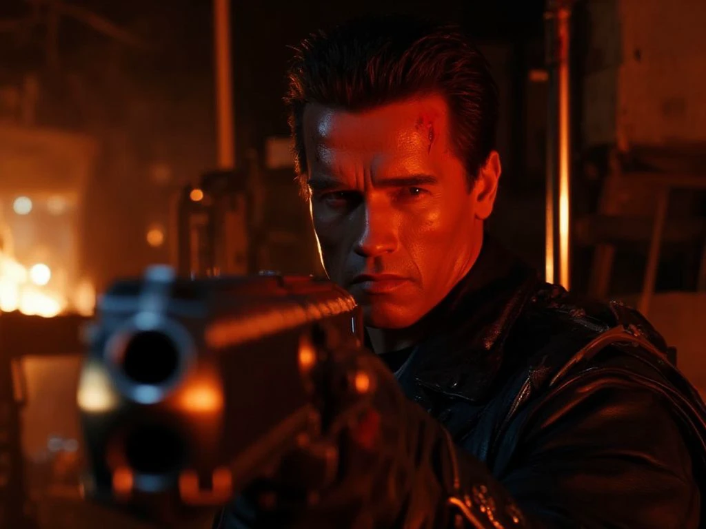 Arnold Schwarzenegger, as terminator, a close-up of a T800Arnold man with short, slicked-back dark hair, has a determined, intense expression. His face is covered in sweat and blood, adding to the gritty, realistic feel of the scene. He is wearing a black leather jacket and has a harness strapped across his chest, hinting at the high-tech weaponry he wields. 
In the foreground, a large, futuristic gun is pointed directly at the camera, its metallic surface reflecting the warm, orange-red ambient light. The background is a dimly lit, industrial setting with a mix of metallic and electronic components, giving it a dystopian, post-apocalyptic feel. The lighting is dramatic, with bright, warm hues contrasting with the dark, shadowy areas, creating a sense of tension and urgency. The overall texture of the image is gritty and realistic, capturing the intense, action-packed atmosphere. aiming shotgun, battle damage, serious, in a smelting factory. <lora:T800Arnold_Flux_r1:1>, <lora:Dever_Flux_Enhancer:0.5>, <lora:flux_realism_lora:1>