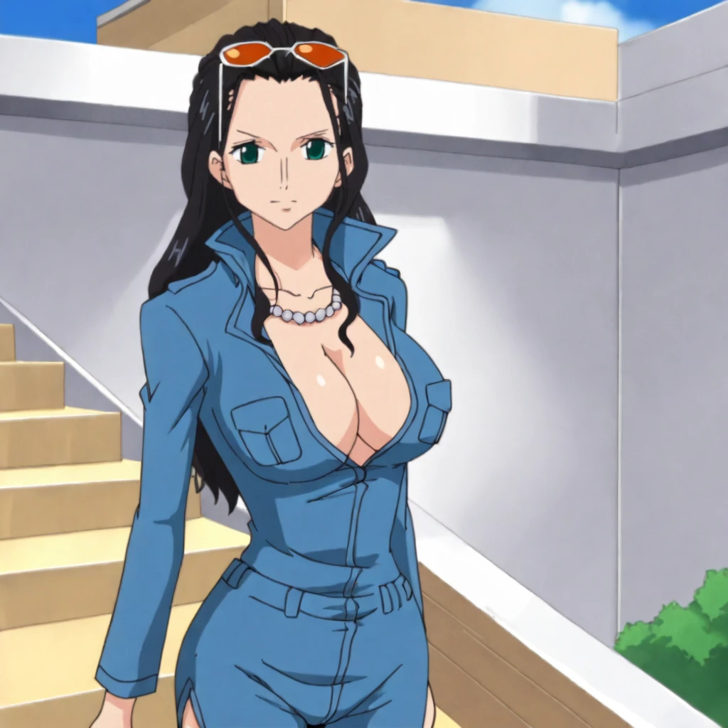 <lora:NicoRobinOnePiece_pony_v1:.75> NicoRobinBlueSuit, 1girl, large breasts, black hair, cleavage, jewelry, necklace, eyewear on head, sunglasses, long hair, no bra, green eyes, collarbone, cowboy shot