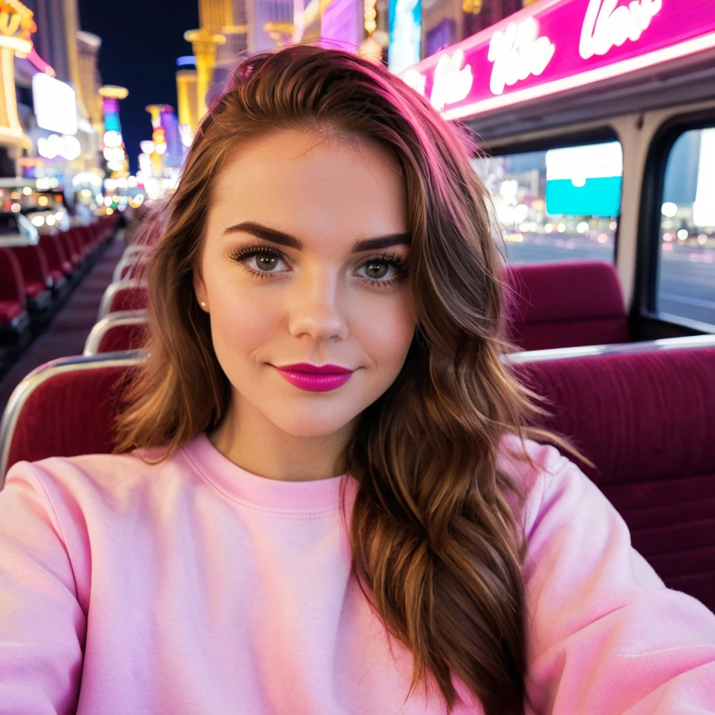 <lora:m414m_67XL-000008:0.8>, a selfie photograph of 21 year old beautiful(m414m woman:1.1),as a tourist,wearing a (cerise pink sweatshirt:1.2) and (white cargo pants:1.1),taking a selfie,sitting on upper deck of open tour bus,driving through (Las Vegas Strip:1.1) at night with bright neon signs,messy brown hair,smirk,lipstick,makeup and eyeshadow,(medium close up shot:1.1)professional portrait, 4k wallpaper, highly detailed, bokeh