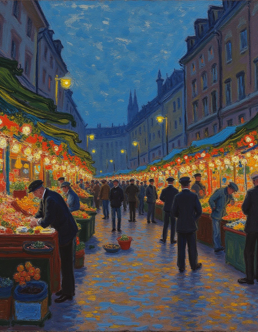 showcasing a bustling urban street market at dusk, the stalls lit with string lights, vibrant and colorful, by Claude Monet