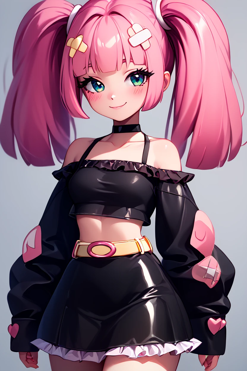 score_9, score_8_up, score_8, medium breasts, (curvy), cute, eyelashes,       BREAK, , zzCoral, pink hair, twintails, blunt bangs, hair ornament, belt, long sleeves, sleeves past fingers, black skirt, black choker, black crop top, bare shoulders, yellow belt, bandaid, midriff, collarbone, <lora:Coral_Pokemon_PDXL:0.8>, , BREAK, closed mouth, alternate costume, smile, looking at viewer, blush,  zzLFashion, frilled dress, frills, bow, dress, striped thighhighs, sweetL, cowboy shot,  embedding:zPDXL, Expressiveh,  <lora:Vivid:0.7>,  <lora:LFashionPDXL:1>,  <lora:Uncensored_PonyXL_cpt_v02.09:0.4>,  <lora:Expressive_H-000001:0.4>,