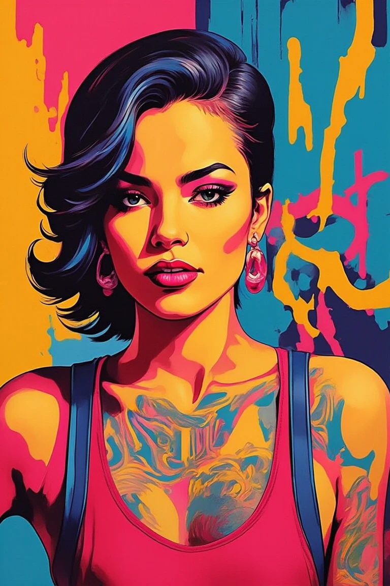 A close-up shot of a pinup model posing against a vibrant graffiti wall in an urban setting. She’s wearing a bold, rockabilly-inspired outfit with high-contrast colors, striking a playful and confident pose, with tattoos visible., high contrast, Flat-Popji