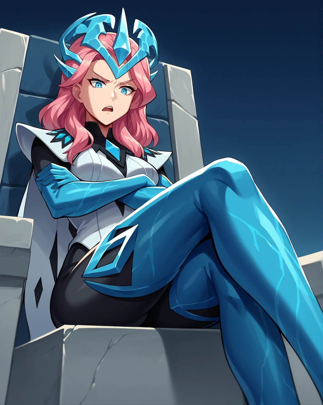 score_9, score_8_up, score_7_up, score_6_up,source_anime, rating_sensitive, BREAK
1girl, solo, medium breasts, dutch angle, 
<lora:AlysiaBR-09:0.8>, AlysiaBR, pink hair,blue eyes, ice gloves, black bodysuit, headgear, elbow gloves, ice crown, (cape, floating cape:1.2), shoulder pads, high collar, white vest, thigh boots, ice boots
foot focus, from below, looking at viewer, open mouth, partially shaded face, sitting, throne, crossed legs, frustrated, frown, crossed arms, arms under breasts, 
blue background,