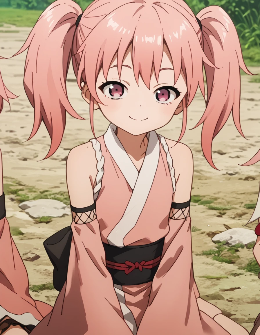 Ume, twintails, pink eyes, pink hair, detached sleeves, japanese clothes score_9, score_8_up, score_7_up, score_6_up, score_5_up, score_4_up, source_anime ,<lora:HeartofKunoichiTsubaki:1>, Smile, sitting,