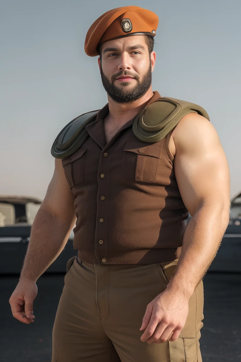 (RAW photo), straight-on, (muscular male:1.2), brown eyes, <lora:Buckham:0.85>, buckham, full beard, beret, absurdres, facing viewer, sleeveless, military uniform, shoulder pads